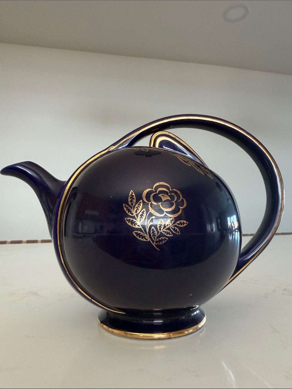 Vintage Hall Blue Ceramic Teapot with Gold Floral Accents, USA, 1930’s-1940’s